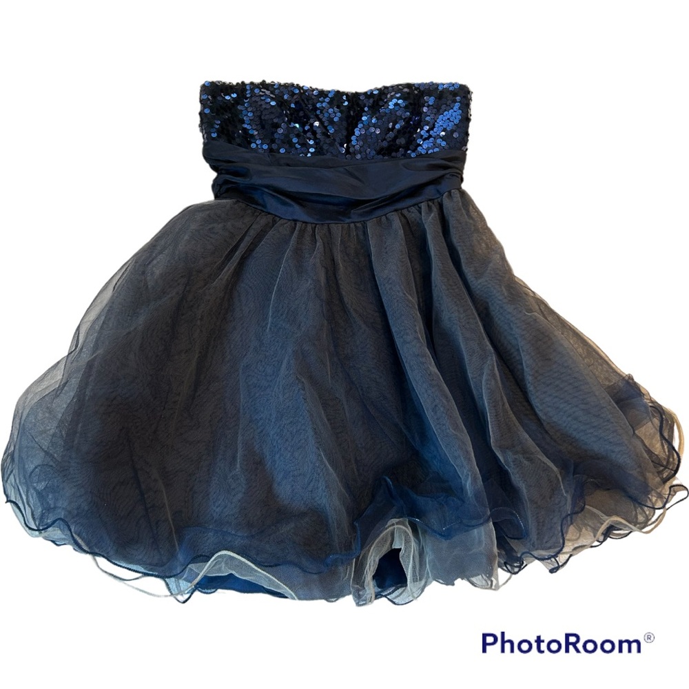 Speechless blue formal dress tulle skirt sequin top strapless mini